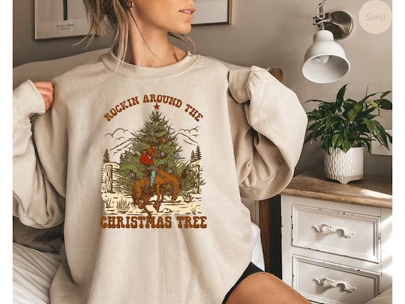 Retro Christmas Western Sweatshirt | Cowboy Christmas Shirt | Rocking Around The Christmas Tree S... | Etsy (US)