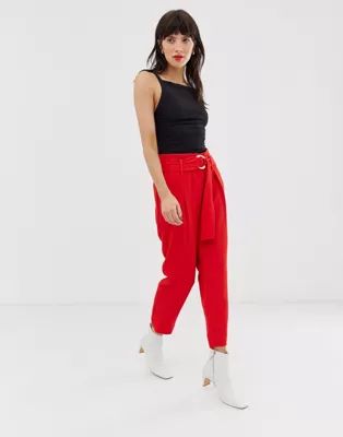 River Island tapered pants with ring detail in red | ASOS US