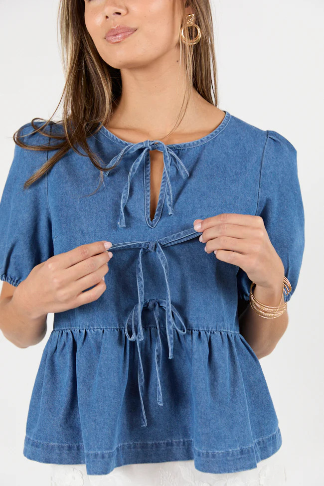 Hit The Backroads Medium Wash Denim Tie Front Short Sleeve Blouse SALE | Pink Lily
