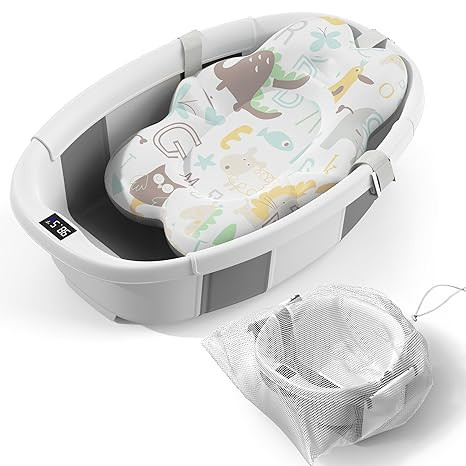 Collapsible Baby Bathtub - Large Baby Bath Tub with Thermometer & Cushion | Travel Portable Newbo... | Amazon (US)