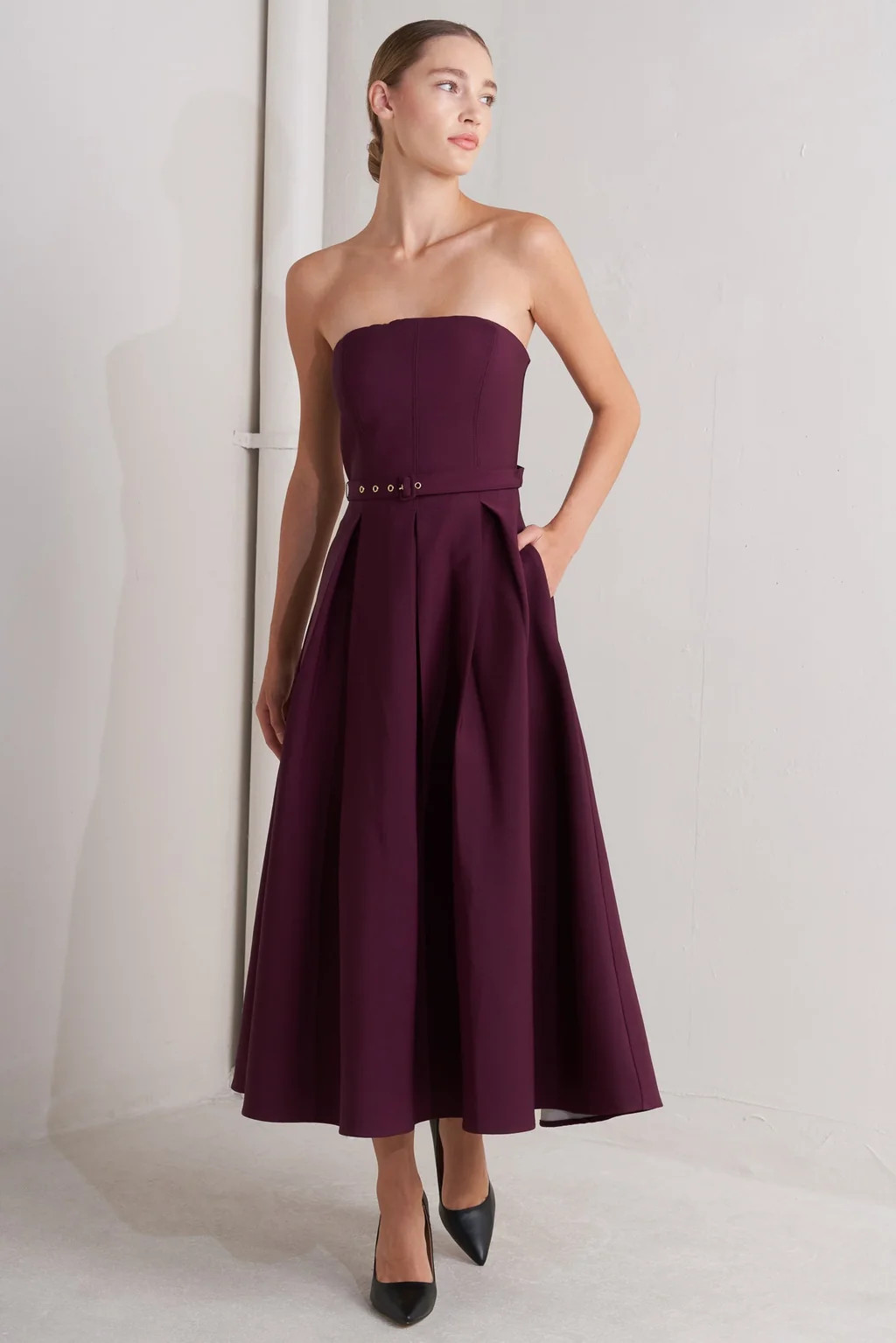 OPERA WINE BURGUNDY MIDI DRESS WITH POCKETS | Lady Black Tie