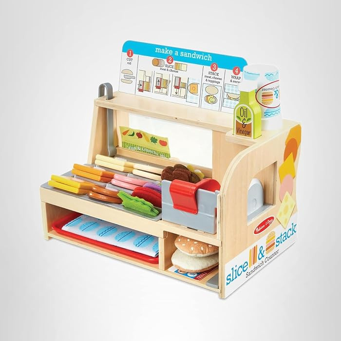 Melissa & Doug Slice-Stack-Serve, Wooden Sandwich Counter Pretend Play Store with Play Food Toys,... | Amazon (US)