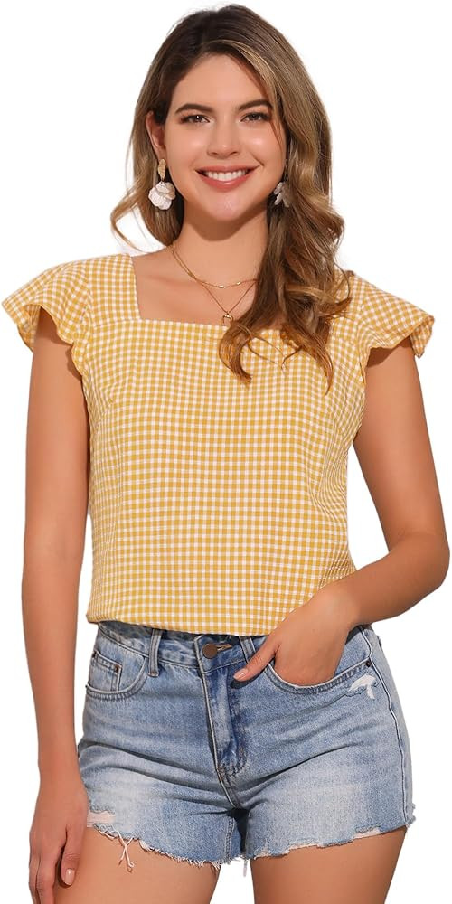 Allegra K Summer Gingham Tops for Women's Square Neck Ruffle Cap Sleeve Blouses | Amazon (US)