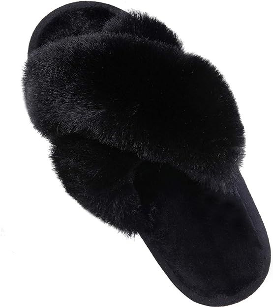Comwarm Women's Cross Band Fuzzy Slippers Fluffy Open Toe House Slippers Cozy Plush Bedroom Shoes... | Amazon (US)