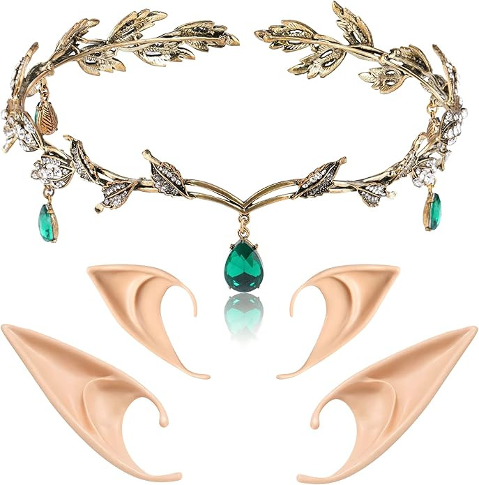 FRESHME Elf Ears with Crown Set, Soft Fairy Ears and Crystal Crown Headband for Women Halloween C... | Amazon (US)