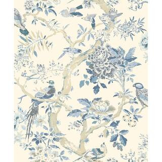 SURFACE STYLE Menara Marina Blue Bird Floral Vinyl Peel and Stick Wallpaper Roll (Covers 30.75 sq... | The Home Depot