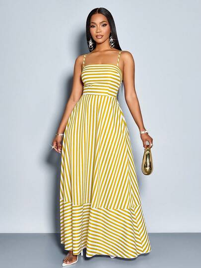 SOLERSUN Women's Flowing Striped Maxi Dress With Shoulder Straps, Pockets, And Chest Gathering, Suitable For Vacation, Beach, Commuting, And Casual Daily Wear (Random Floral) | SHEIN
