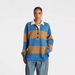 KBB by KAHLANA Women's Long Sleeve 'The Crys Rugby Shirt' - Blue/Camel Striped S | Target