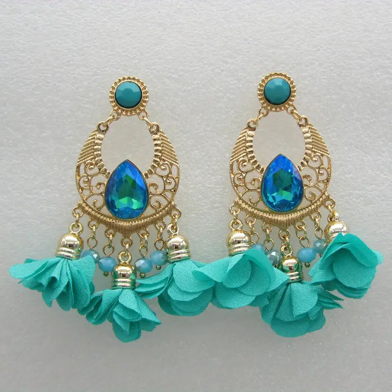 Bohemian Rhinestone Decor Flower Tassel Large Drop Earrings - Temu | Temu Affiliate Program