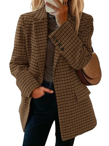 Mina Self Outfits for Women Tweed Plaid Blazer 2026 Spring Winter Chocolate Brown Tan Work Jackets Women's Long Dressy Houndstooth Oversized Business Casual Womens Professional Blazers | Amazon (US)