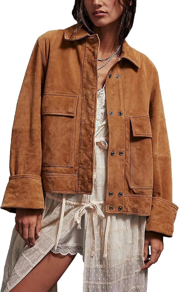 Lumister Faux Suede Jacket Women Casual Oversized Button Down Leather Bomber Jacket with Pocket T... | Amazon (US)