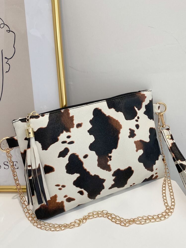 Tassel Decor Cow Print Chain Clutch Bag | SHEIN