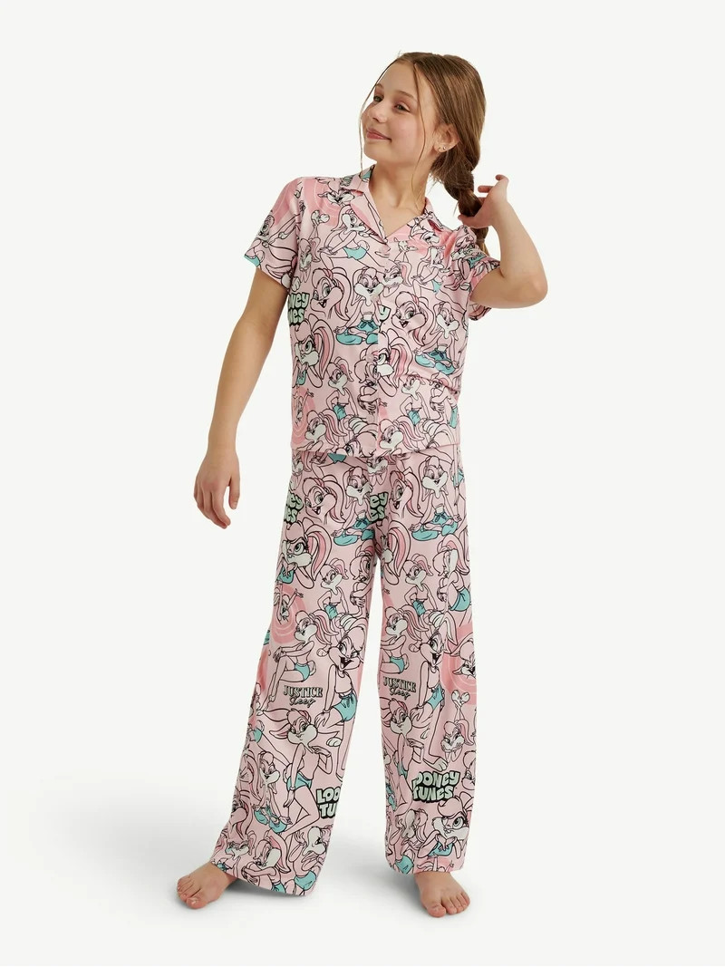 Looney Tunes X Justice Girls Short Sleeve Button Front Sleep Top and Sleep Pants, 2-Piece, Sizes ... | Walmart (US)