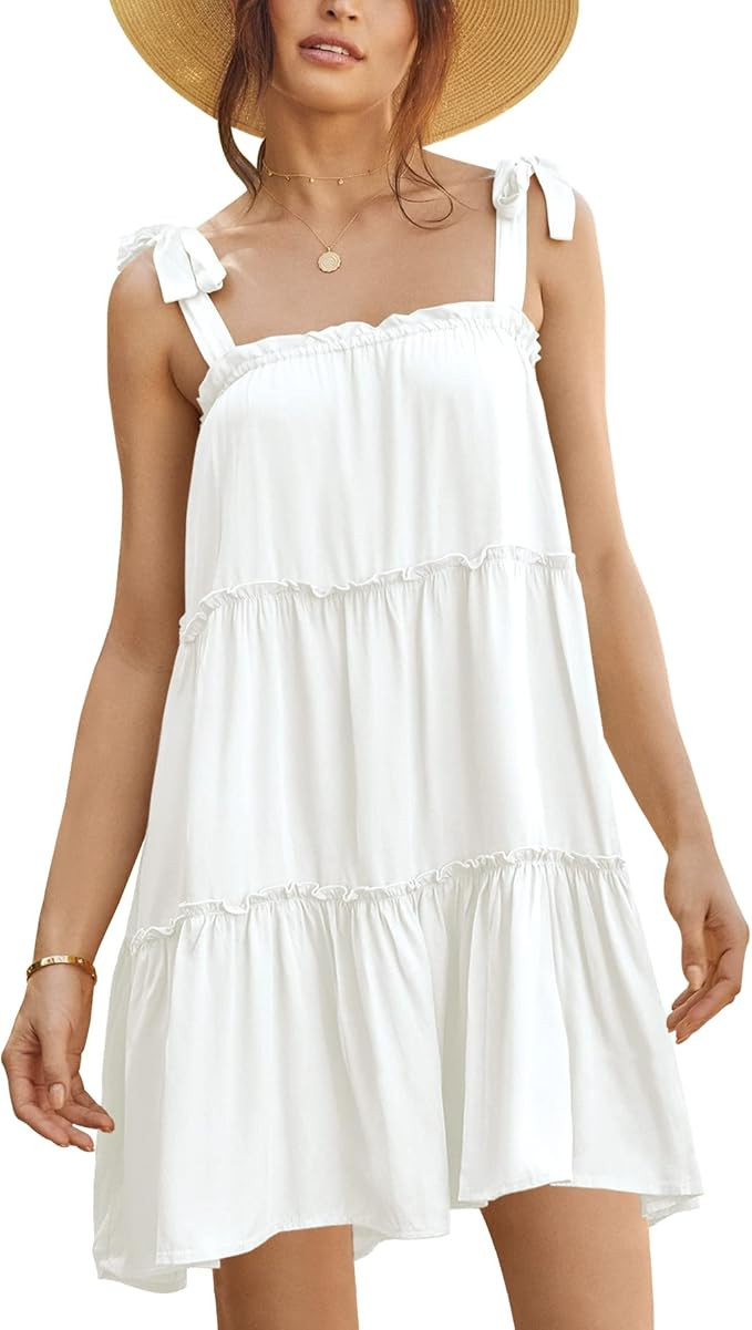 Clarisbelle Women Summer Tie Strap Ruffle Flowy Babydoll Mini Dress | Amazon (US)