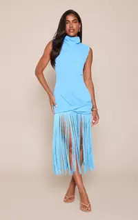 Blue Woven Fringe Detail Sleeveless Maxi Dress | PrettyLittleThing UK
