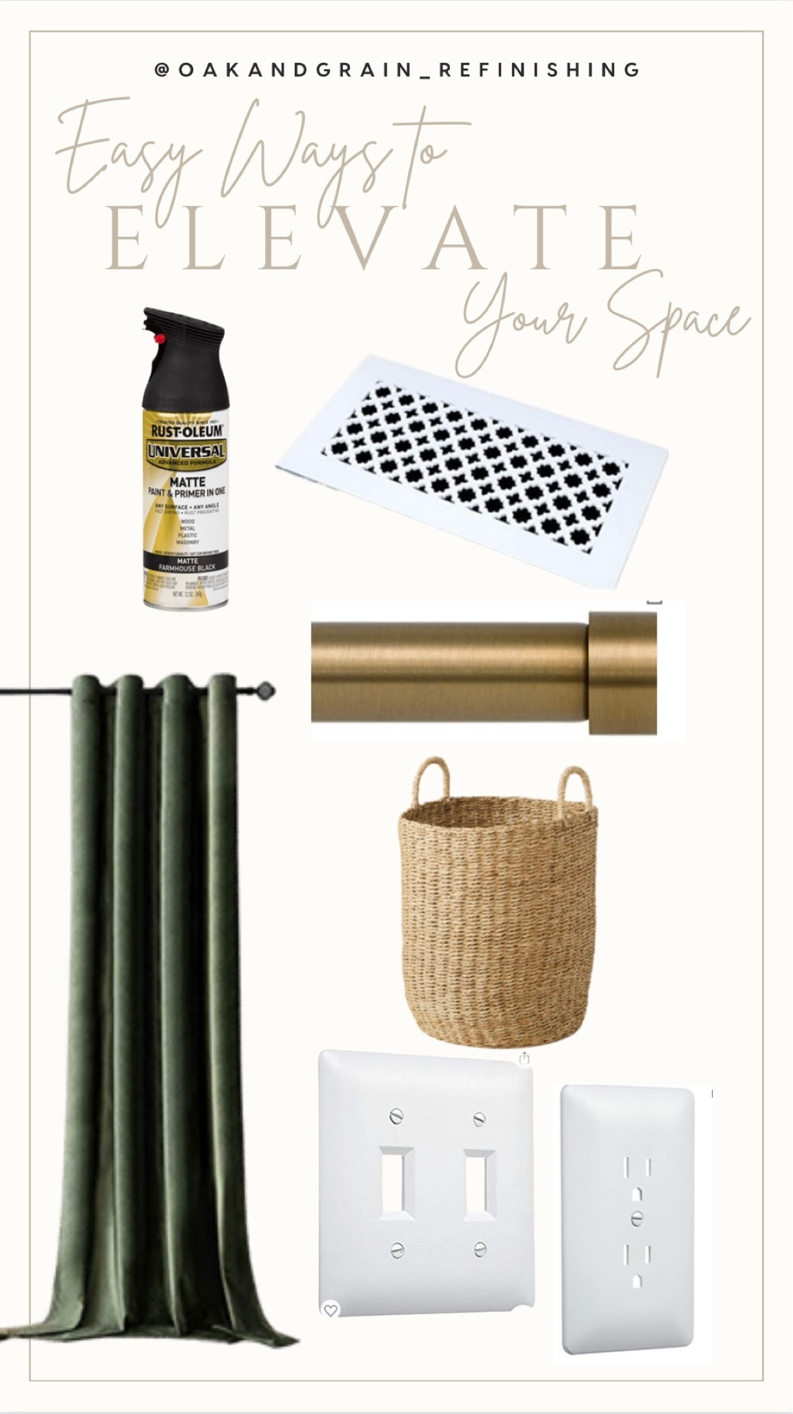 Easy ways to elevate your space // spray paint door knobs // hang curtains wider // cute open storage // update vent covers // paintable outlet covers

#LTKhome