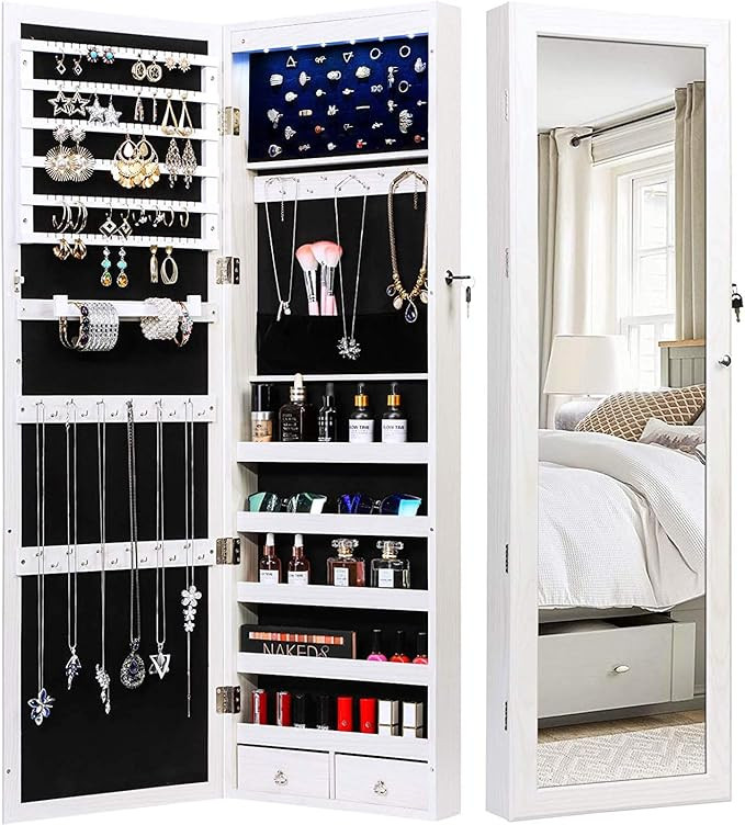 TWING Jewelry Armoire Jewelry Organizer Wall Mounted Lockable 6 LEDs Wall Mounted Jewelry Armoire... | Amazon (US)