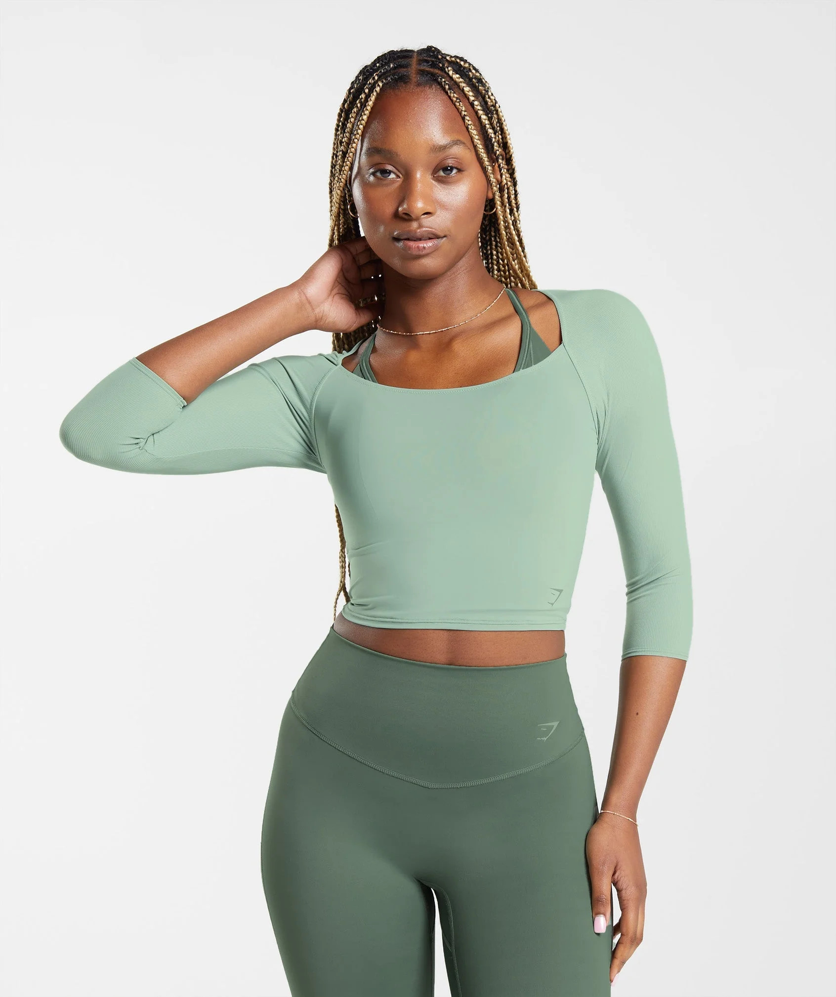 Gymshark Elevate 3/4 Sleeve Crop Top - Desert Sage Green | Gymshark US