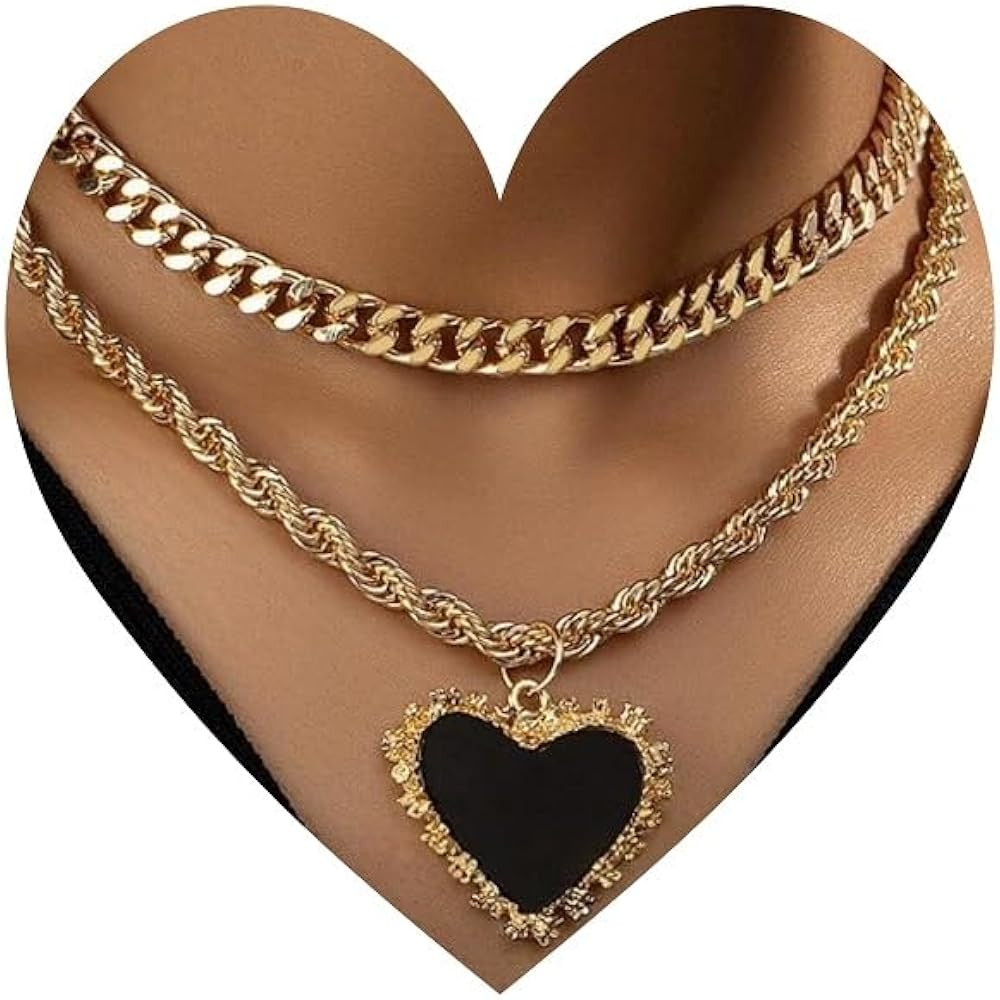 Layered Gold Chain Necklace Set with Black Heart Pendant, Double Strand Rope and Cuban Link Chain... | Amazon (US)