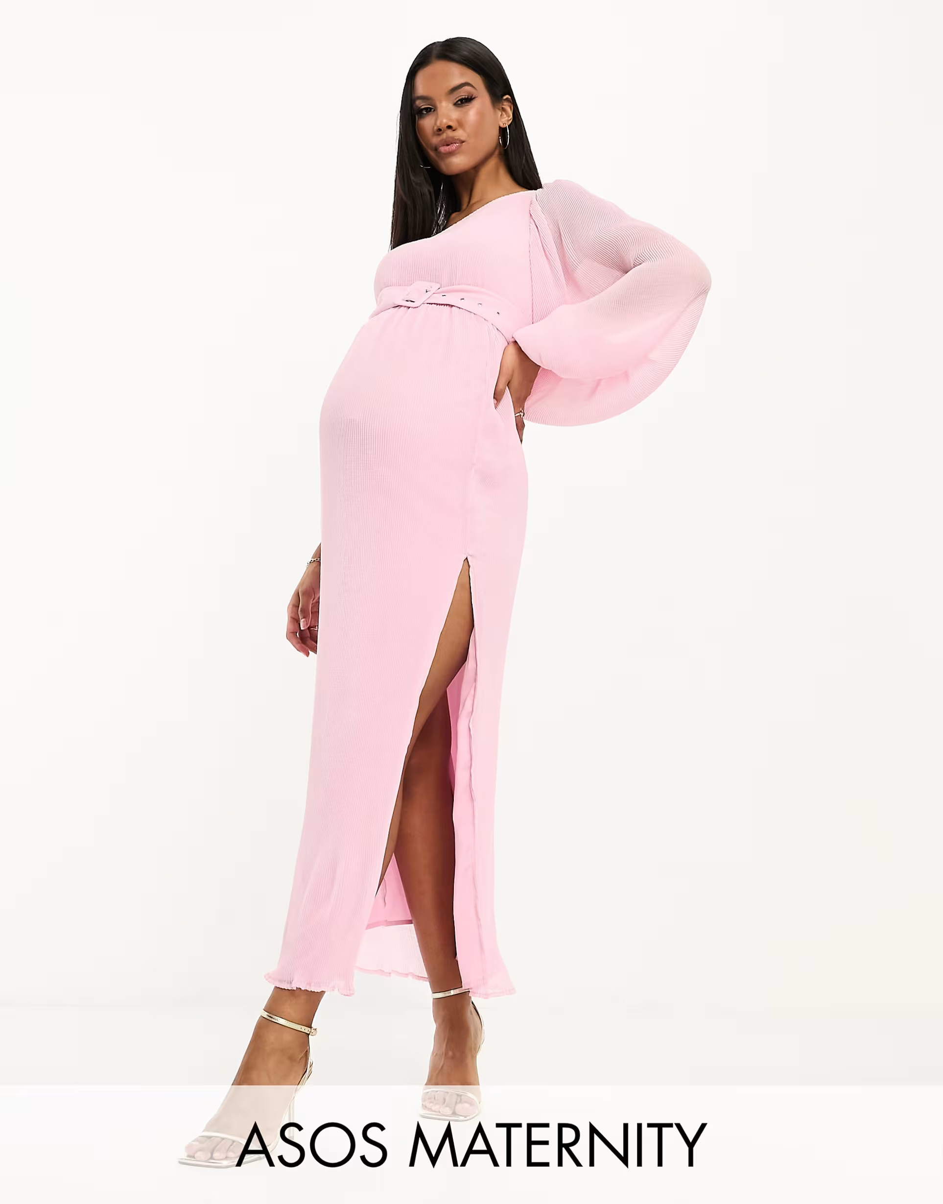 ASOS DESIGN Maternity plisse one shoulder midi dress with belt in light pink | ASOS (Global)