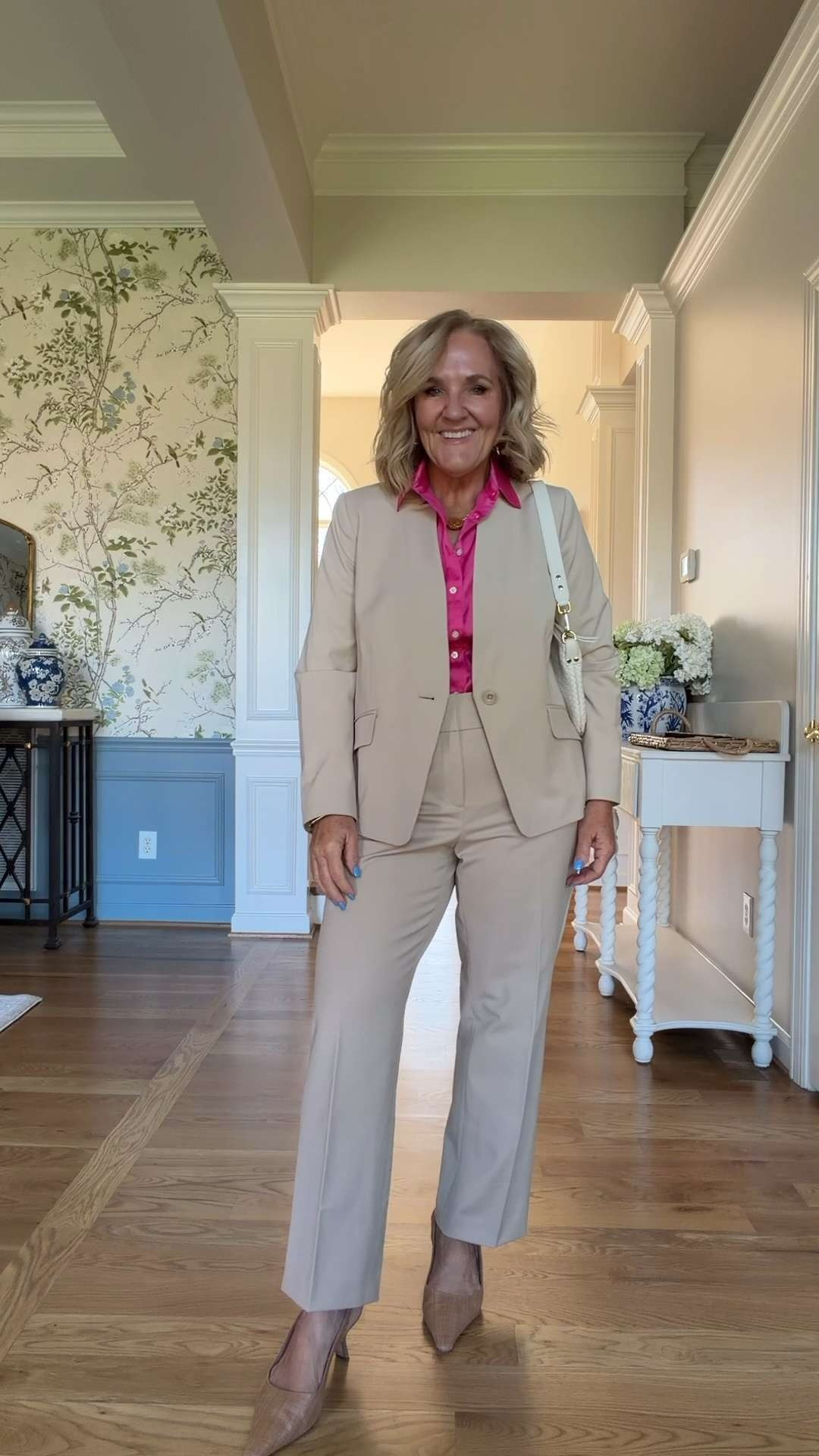 A neutral suit is a wardrobe staple, and I love how the bright pink blouse adds the perfect pop of color. Whether you're heading to the office, a meeting, a luncheon, or a special event, this look feels classic, sophisticated, and timeless. 🫶🏻 

 #LTKootd #LTKSeasonal #LTKSaleAlert