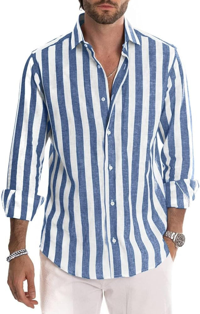 Men's Hawaiian Striped Shirts Button Down Long Sleeve Vintage Casual Shirt, M-3XL | Amazon (US)