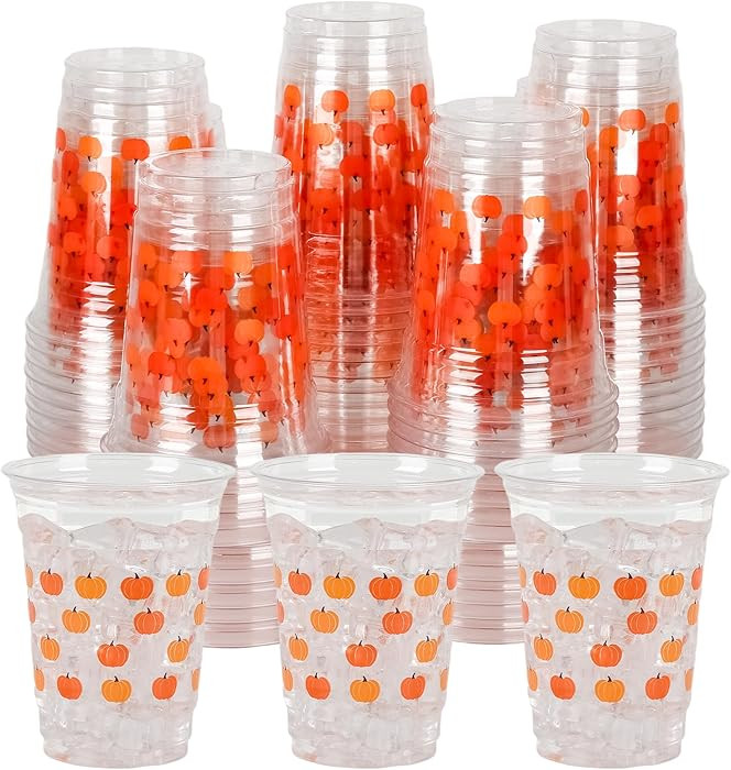 50Pcs Pumpkins Plastic Cups Fall Disposable Party Cups Orange Pumpkin Autumn Harvest 12oz Clear B... | Amazon (US)