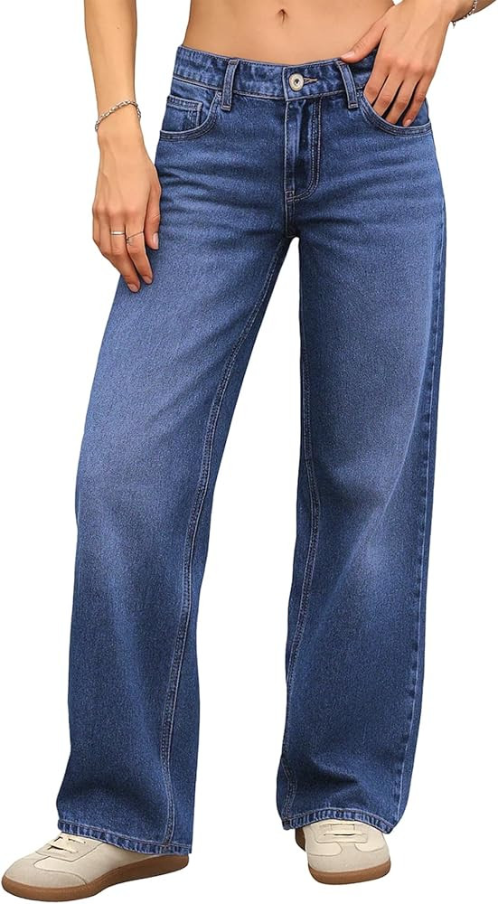 ELLEVEN Women's Low-Rise Baggy Jeans, High Stretchy Y2K Wide Leg Jeans Boyfriend Straight Leg Den... | Amazon (US)