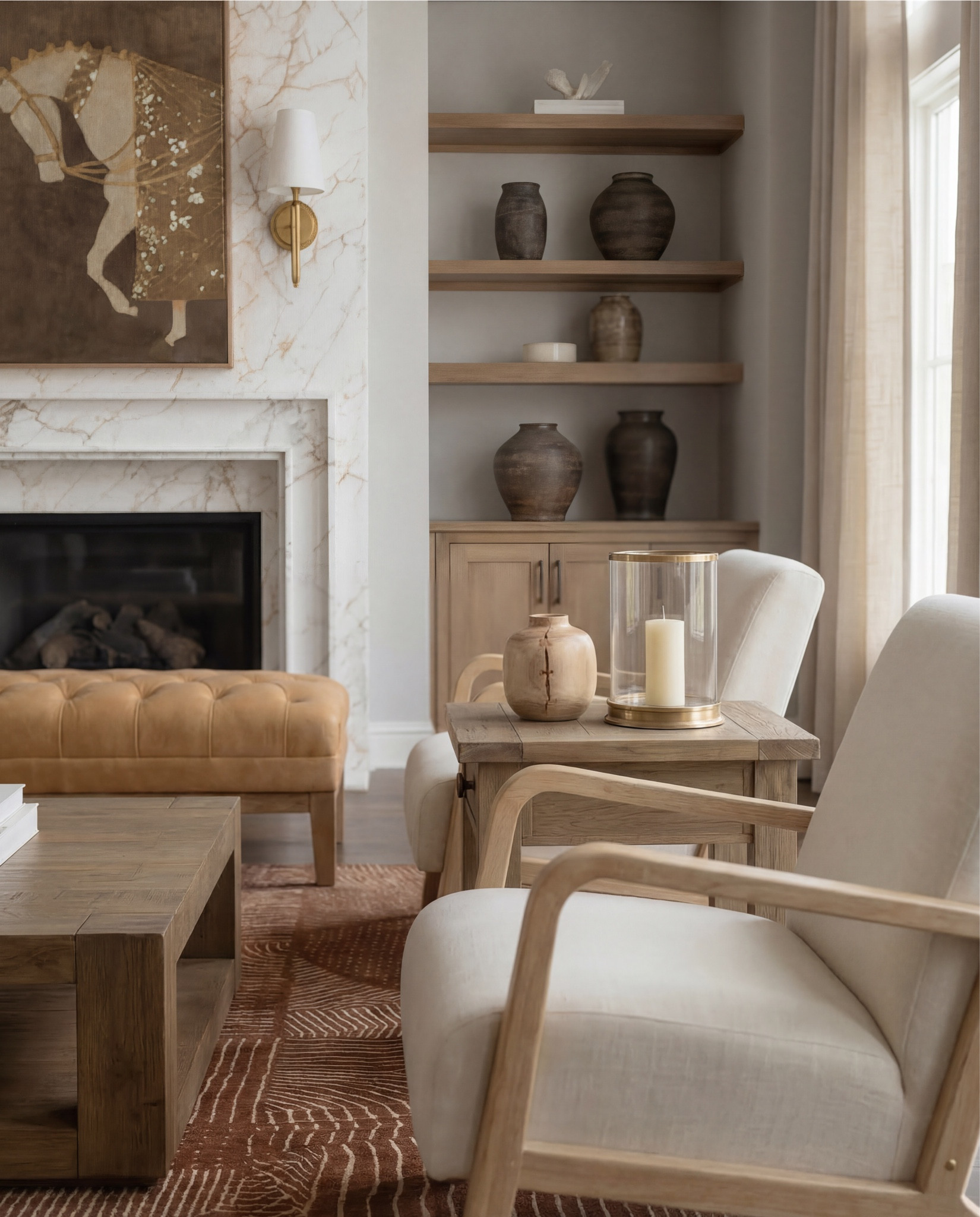 •	camel leather sofa
	•	beige upholstered accent chair
	•	wood frame accent chair cream cushion
	•	tufted leather ottoman coffee table
	•	square wood coffee table

⸻

Tables & Surfaces
	•	rustic wood coffee table
	•	wood side table square
	•	round wood drink table

⸻

Rugs
	•	brown patterned area rug
	•	vintage style distressed rug brown
	•	earthy tone geometric rug

⸻

Storage & Built-ins
	•	wood built in shelves
	•	wood storage cabinet with doors
	•	open shelving wood decor

⸻

Lighting
	•	white globe pendant light
	•	brass wall sconce white globe
	•	modern brass sconce lighting

⸻

Decor & Styling
	•	neutral ceramic vase decor
	•	brown clay decorative vases
	•	glass hurricane candle holder
	•	pillar candle neutral
	•	stacked coffee table books neutral
	•	wood decorative bowl
	•	small pottery decor

⸻

Wall Decor
	•	abstract neutral wall art
	•	modern brown beige artwork
	•	framed canvas neutral tones

Textiles
	•	neutral throw pillow beige
	•	patterned accent pillow neutral
	•	textured throw blanket brown


#LTKHome #LTKSaleAlert