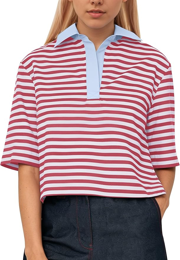 MISSACTIVER Women's Striped Polo Shirts Short Sleeve Lapel Collar Oversized Crop Tops Summer Casu... | Amazon (US)
