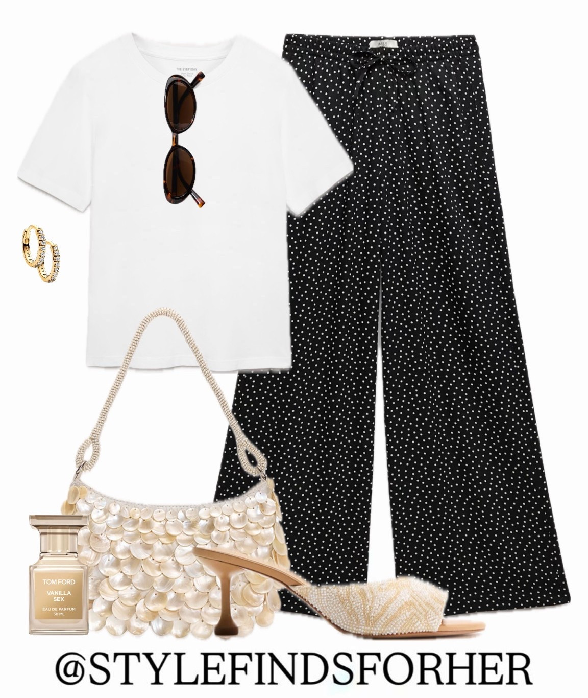 Wide leg polka dot trousers teamed with a plain T-shirt but dressed up with beaded mules and shell embellished shoulder bag. Dressed up but comfortable

#LTKootd #LTKMidsize #LTKgrwm