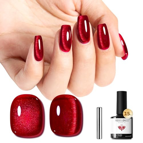 modelones Red Cat Eye Gel Polish Burgundy Red Gel Polish Magnetic Glitter Holographic Ruby Red Gel Nail Polish Valentine Reflective Jelly UV Gel 15 ML | Amazon (US)