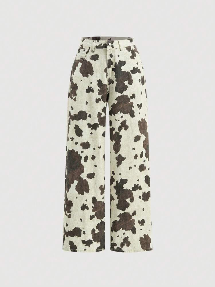 SHEIN MOD Women's Casual Loose Cow Print Denim Jeans Cow Print Pants Western Pants Women's Fashion Cream And Brown Cow Print Loose Fit Denim Jeans Leopard Print Jeans Autumn Winter Women Halloween Costume Women Brown Pants | SHEIN