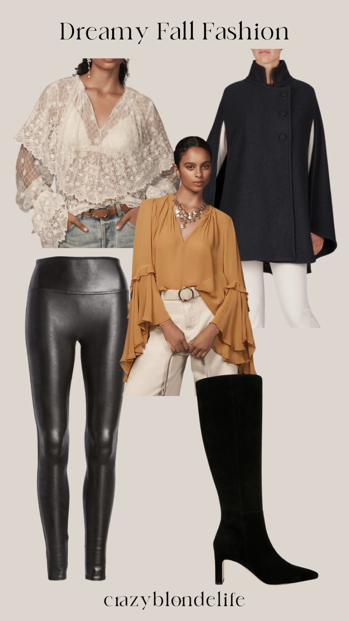 This is a look inspired by the Chloe Fall Collection at a much less expensive price point!  The beautiful lace bell sleeves on the blouses are so gorgeous underneath the black wool cape!  Style with leggings and tall black boots for a gorgeous and romantic fall look!

#LTKStyleTip #LTKShoeCrush #LTKSeasonal