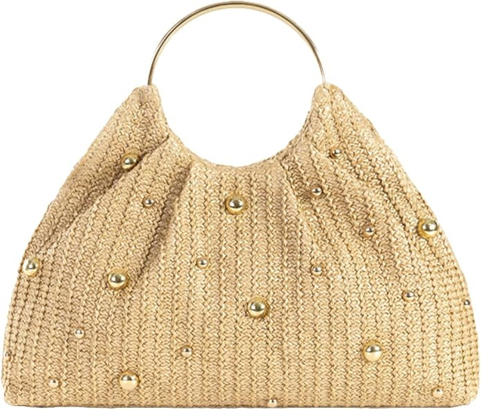 2025 Chic Straw Tote Bag Round Handheld Elegant Evening Clutch Women Party Handbag Metal Handle B... | Amazon (US)