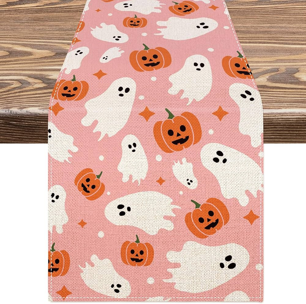 AnyDesign Pink Halloween Table Runner Cute Ghost Table Cover Spooky Halloween Kitchen Dining Tabl... | Amazon (US)
