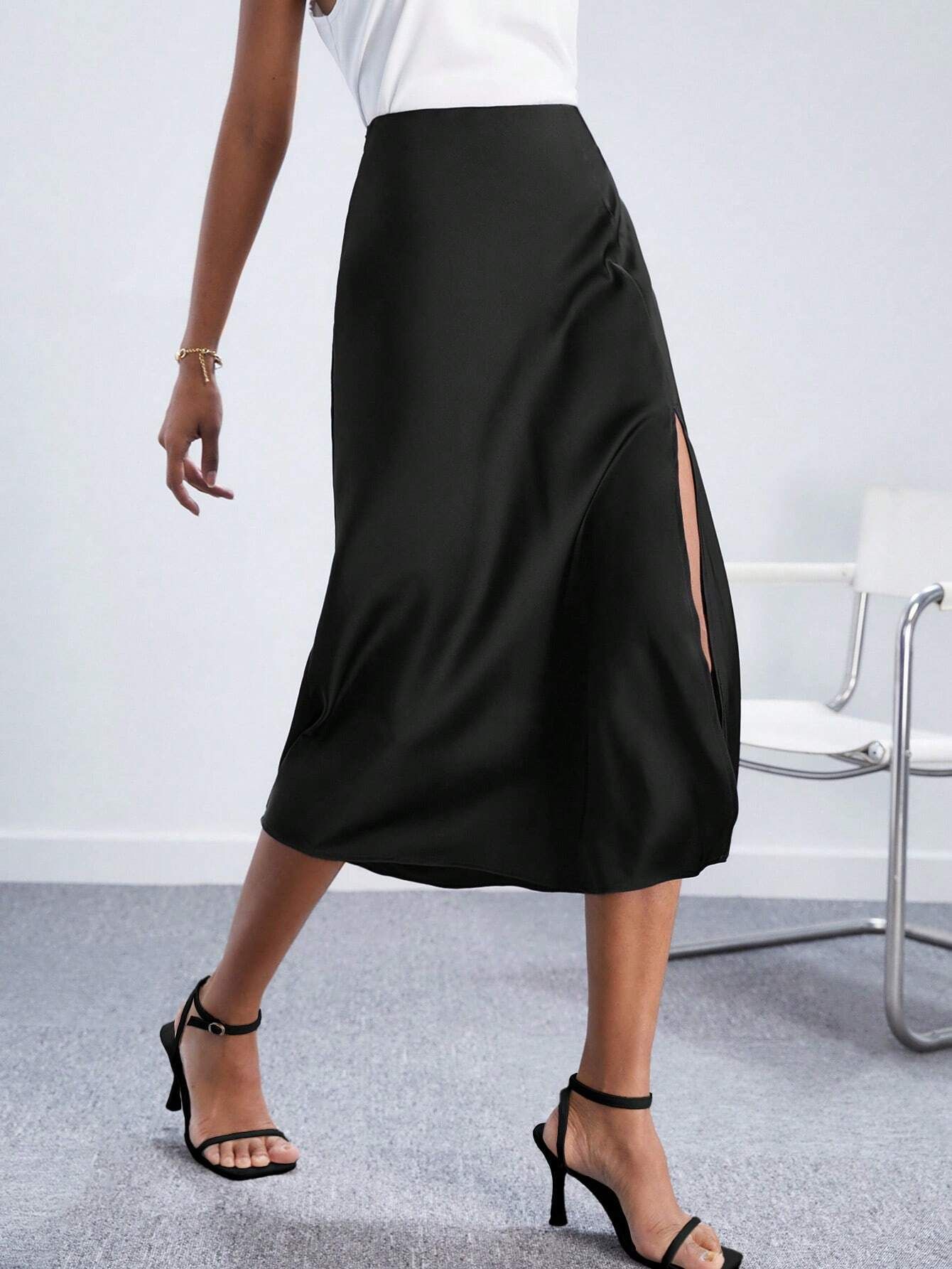 SHEIN BIZwear High Waist Split Thigh Satin Skirt Workwear | SHEIN