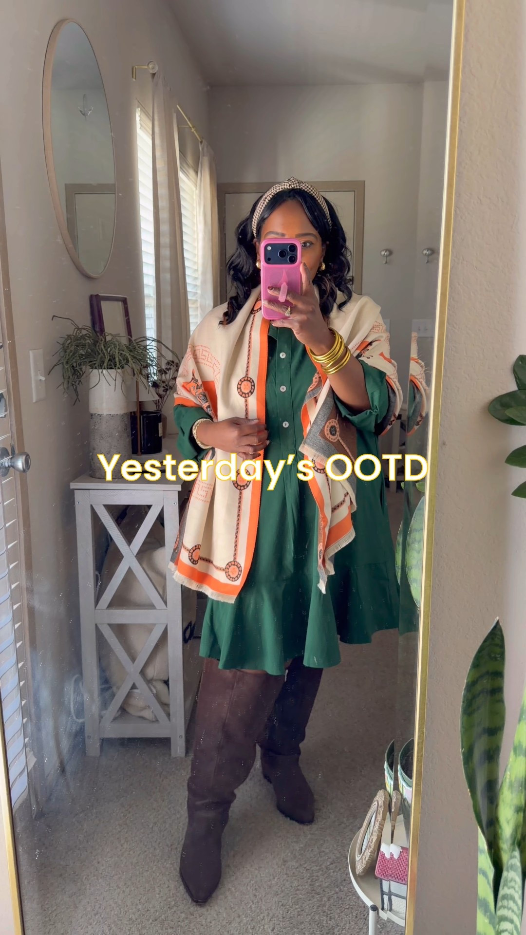 Yesterdays ootd was so fun to put together! Love this dress from Tuckernuck and then added this inspired Hermes wrap around my shoulders and paired with dark brown tall boots from Dolce Vita! 🤎

#LTKPlusSize #LTKShoeCrush #LTKMidsize