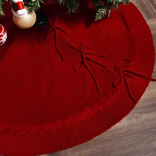 red Knitted Christmas Tree Skirt: Small Thick Cable Knit Round Cream Tree Skirt Rustic Neutral Farmhouse Neutral Christmas Decor Tree Base Cover Xmas Home Decorations 36 inch | Amazon (US)