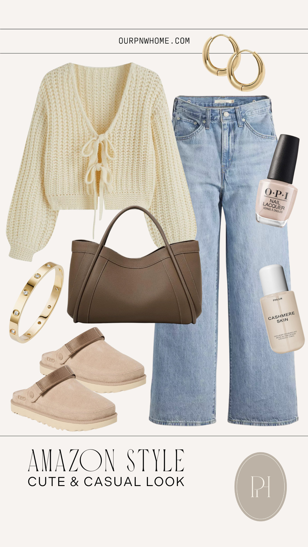 Loving these Amazon finds for a cute casual look that's perfect for the season!

light wash jeans, baggy jeans, wide leg jeans, flared jeans, bow front sweater, cream sweater, fall fashion, fall style, fall looks, fall outfit, winter fashion, winter outfit, winter look, winter style, casual outfit, gold hoop earrings, gold bangle bracelet, UGG clogs, UGG slippers, neutral shoes, tan shoes, tan clogs, brown tote bag, brown handbag, taupe handbag, neutral nail polish, body spray 

 