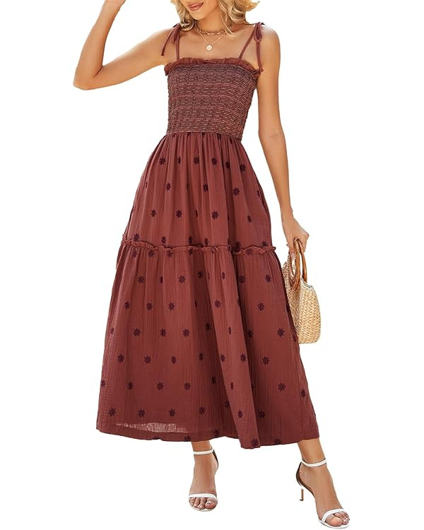 Women Floral Embroidered Maxi Dress Sleeveless Tie Shoulder Smocked Flowy Dress Boho Summer Sundr... | Amazon (US)