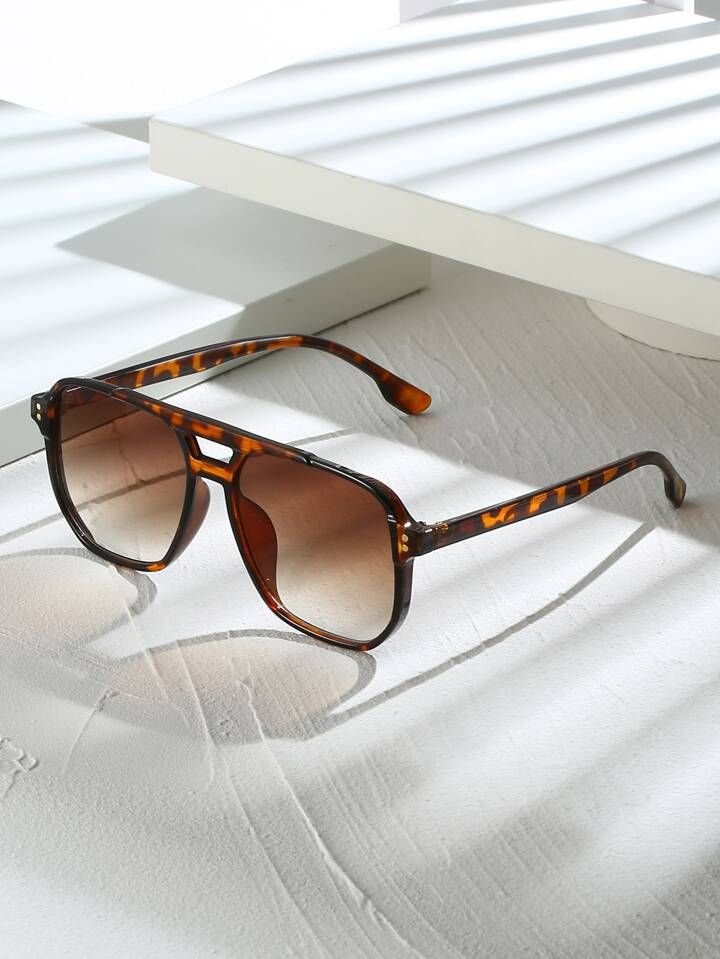 1pc Unisex Tortoise Shell Color Square Frame Double Bridge Pilot Style Fashion Sunglasses For Vac... | SHEIN
