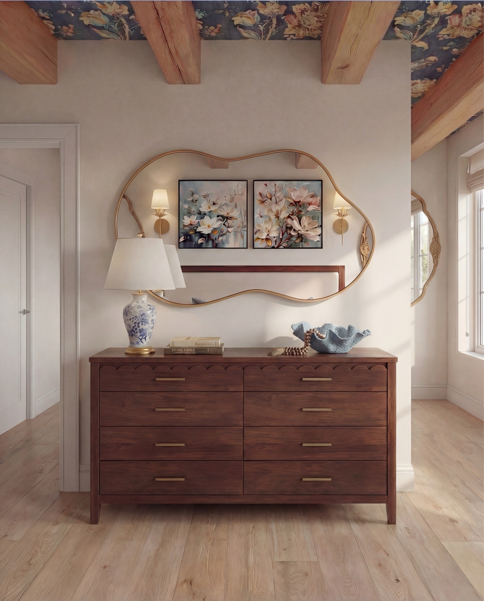 Bedroom Refresh : Shop The Look.
• Warm wood platform bed with upholstered headboard
• White bedding with layered neutral + blue pillows
• Chunky knit blue throw blanket
• Upholstered bench at the foot of the bed
• Matching warm-wood nightstands
• Blue décor bowls (nightstand styling)
• Bead décor strand
• Floral framed artwork pair above nightstands
• Blue ceramic table lamps
• Neutral patterned area rug
• Floral ceiling wallpaper (blue + white palette)
•Dark wood dresser
•Curved brass mirror
•cone wall lights 
•Decor books


#LTKSaleAlert #LTKHome