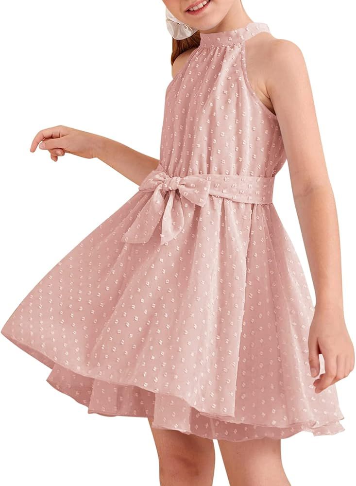 Valpweet Girl's Summer Mini Dress Halter Neck Sleeveless Swiss Dot Ruffle A-Line Swing Casual Sun... | Amazon (US)