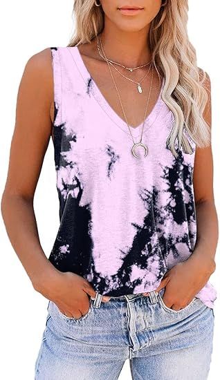 ETCYY NEW Womens V Neck Tank Tops Tie Dye Sleeveless Basic Tops Shirt Cute Printed Loose Fit | Amazon (US)