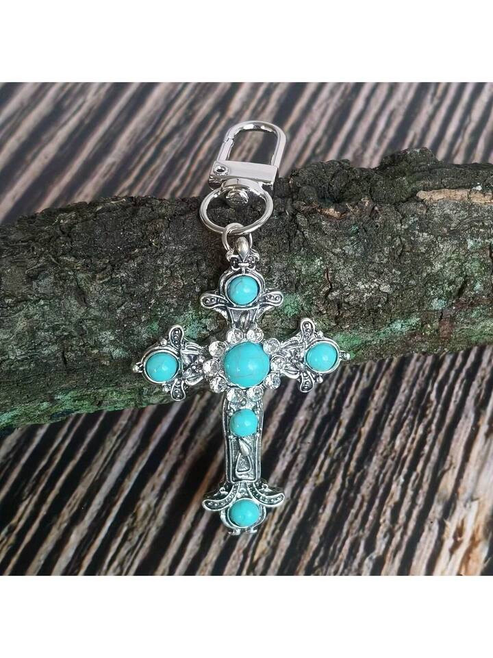 1pc Vintage Style Turquoise Cross Keychain - Alloy Pendant With Rhinestone Embellishment, Suitable For Bags And Cars, Fashionable Women's Accessory Valentine's Day Gift | SHEIN