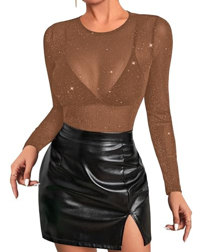 Allchic Glitter Sheer Mesh Tops for Women Long Sleeve Blouses Club T Shirts - Brown, M | Amazon (US)