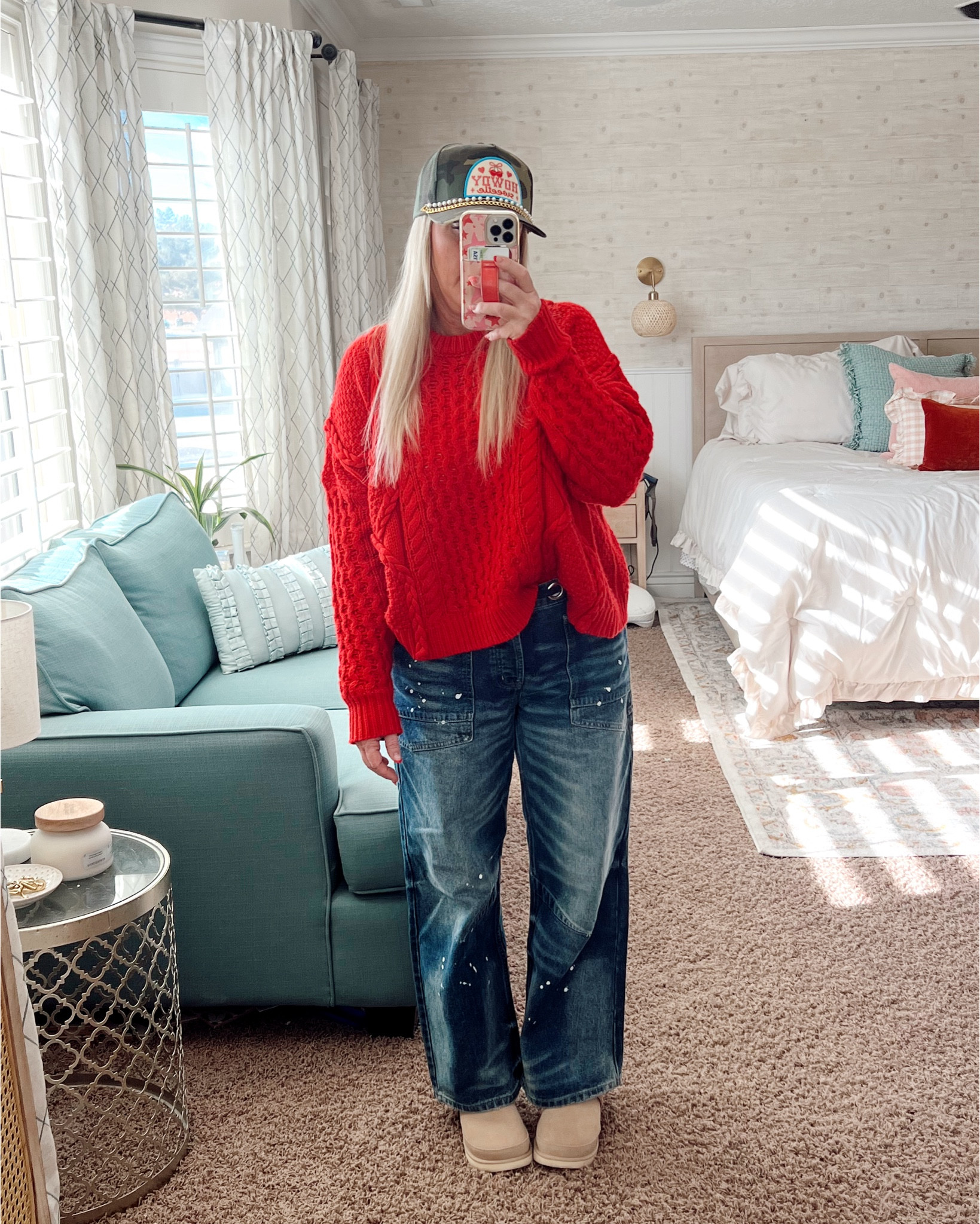 Okay, ladies! 🎀🍒 Loving this quick and easy outfit! The jeans are a FP dupe and I ❤️ them-great quality! A basic red sweater, cutest trucker hat with hat jewelry to boot and can’t forget the matching 🍒 socks! I die. 
.
The perfect little Valentine’s ootd! 💌 Added extra links for some variety, too! 
.

#ootd #ootdfashion #amazonfashion #amazoninfluencer #momstyle #momstyleinspo #over40fashion #affordablefashion #newlook #flatteringfit #utahfashion #momfashion #momootd #casualfashion #errandfashion #workathomefashion #over40style #comfyclothes #denim #printedjeans #distressedjeans #jeans #ldsfashion #modestfashion #hatday #truckerhat #cherries #freepeopledupe
#uggs #hatjewelry


#LTKOver40 #LTKFindsUnder50