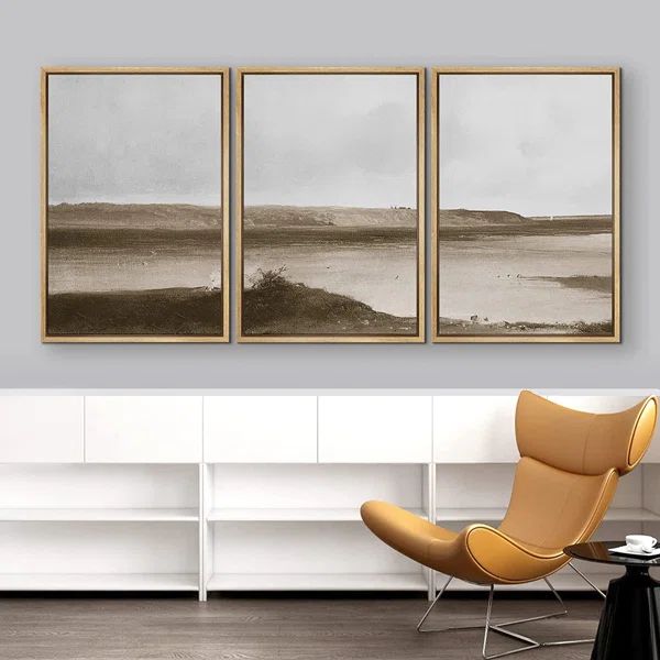 Pastel Minimal Calm Oceanside Framed On Canvas 3 Pieces Print | Wayfair North America