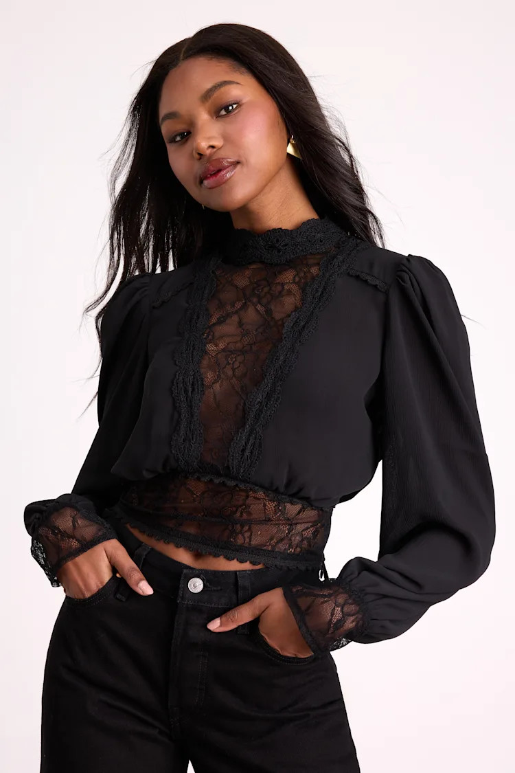 Lexia Black Lace Long Sleeve Top | Lulus